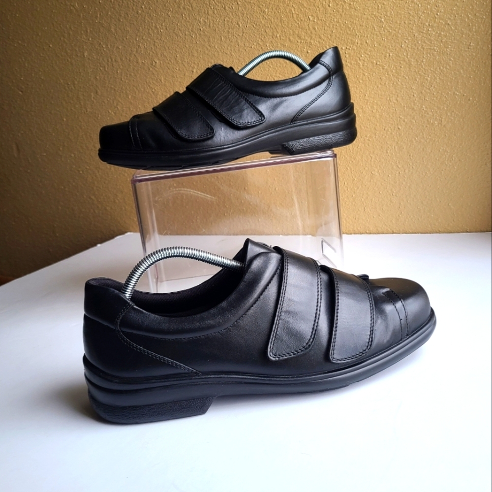 Cosyfeet Shoes Bart Extra Roomy Two Strap Sneakers Black Leather Flats-Men's 9.5
